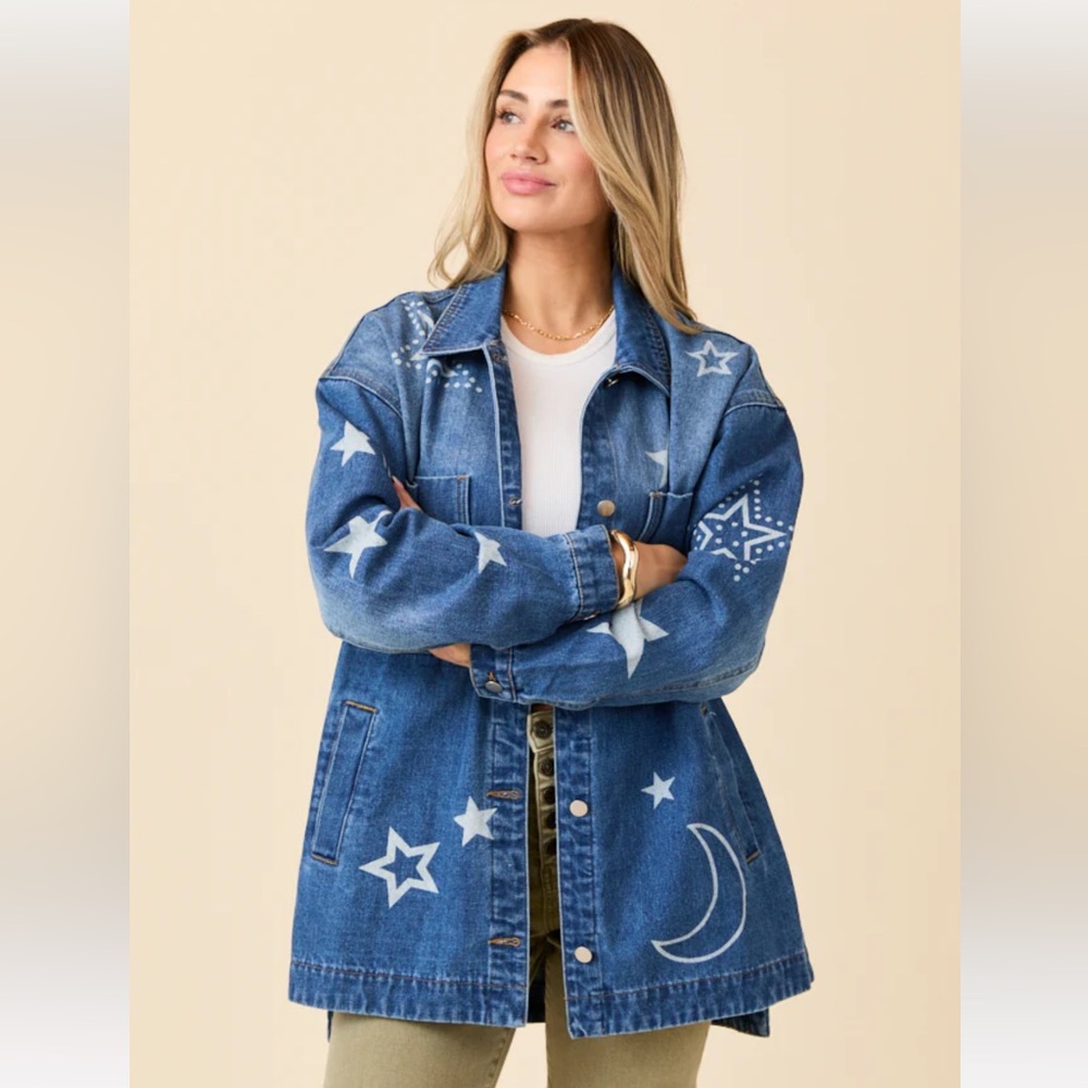 🌙 🌟 Brand New Size Small Cassie Celestial Motif Denim Jacket